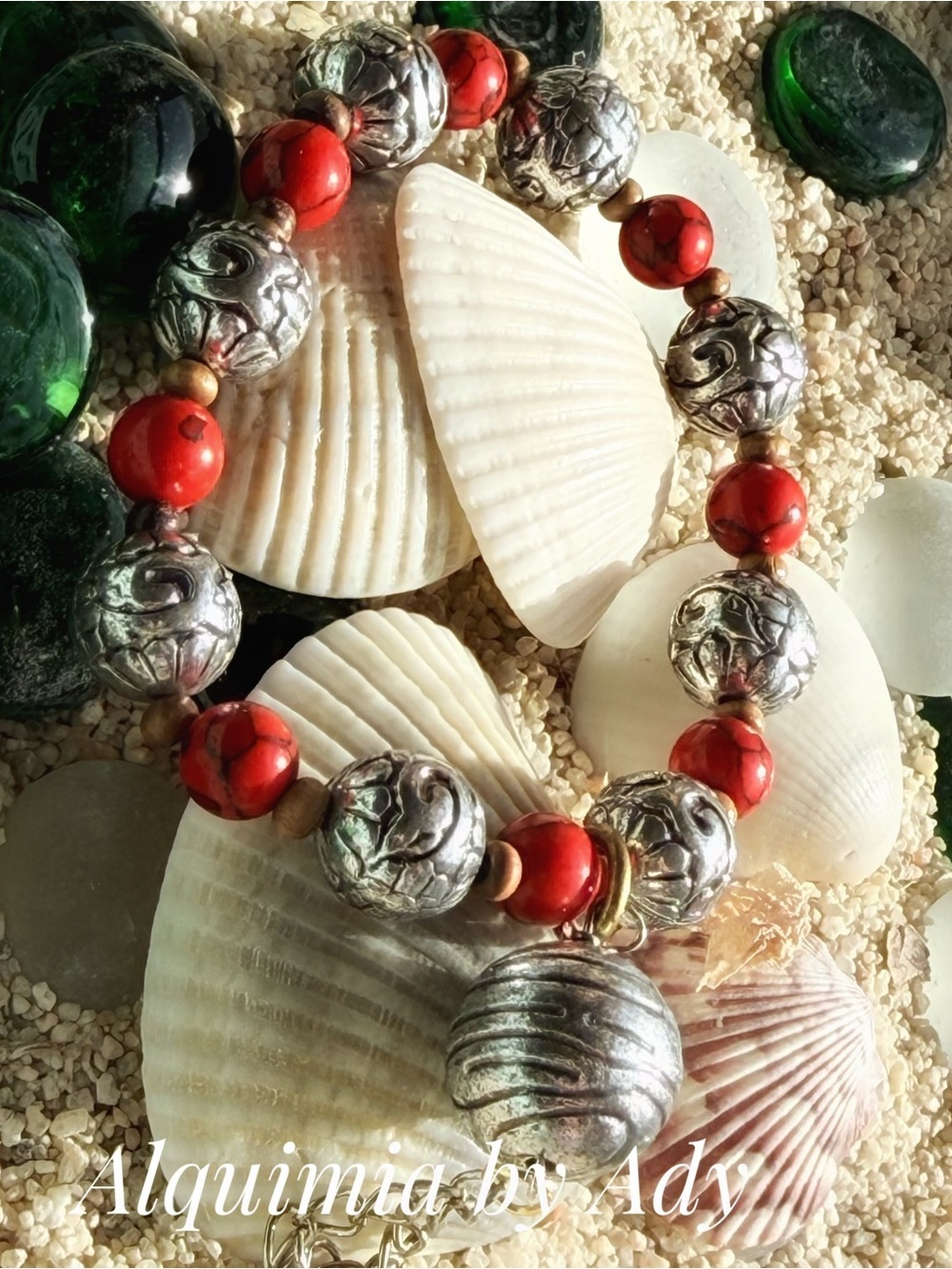 Americana Red turquoise and charms Beaded Bracelet with Silver Accents